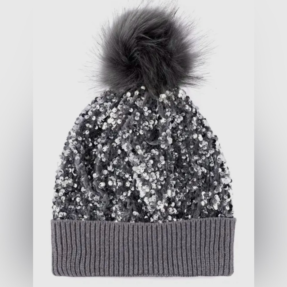 Shiraleah Gray Sequin Pom Pom Beanie